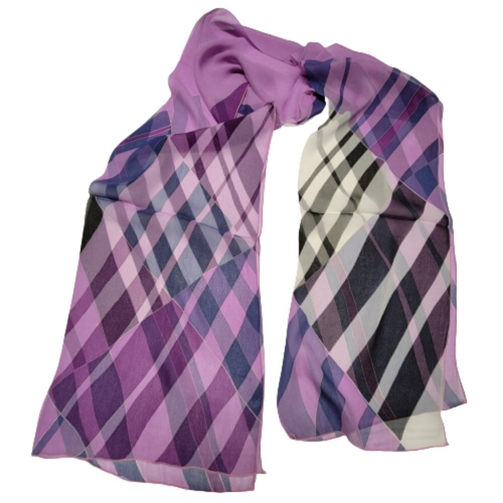 Purple Silk Chiffon Rectangular Scarf with stripes print - NEW